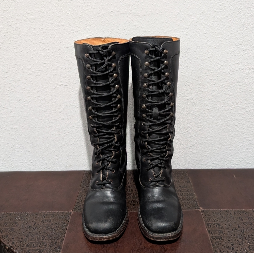 Rare Frye Campus Lug Vintage Lace Up Knee-High Black Antique Leather Boot Size 6 - Picture 4 of 15